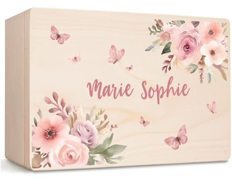 Little Deco Personalisierte Erinnerungskiste Baby, Holzkiste mit Deckel | M - 30 x 20 x 13 cm | Babybox für Mädchen Blumen Erinnerungskiste Geschenk zur Geburt, Taufe & Geburtstag XHL1035-01