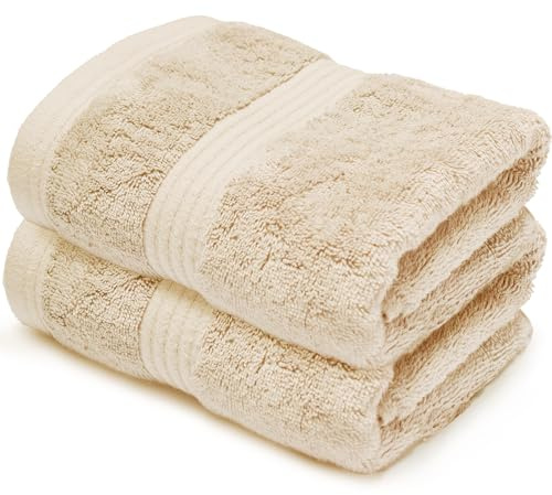 Makooz Luxurious Bamboo Hand Towels for Bathroom Pack of 2-700 GSM Bamboo & Egyptian Cotton 50/50 Blend - Ultra Silky Soft, Quick Dry, Absorbent, Premium Plush Bath Guest Towel Set -Cream 50x85 CM