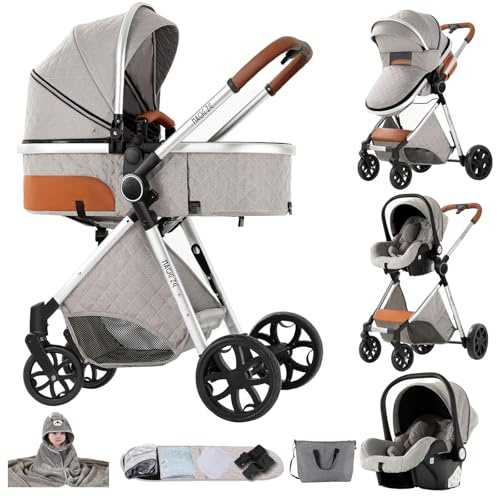 NADDLILY Kinderwagen 3 in 1, Buggy mit Umkehrbarem Zwei-Wege-Schub, Kinderwagen Faltbarem Tragbarem One-Click-Design, Kinderwagens 3 in 1 Komplettset mit Zubehör Hohe Landschaft (YV9 Light Grey)