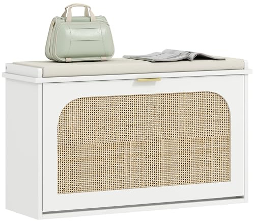 HOMCOM Narrow Shoe Bench with Padded Seat, Flip-Drawer, White | Boho Shoe Storage Bench, Rattan Doors, Adjustable Shelves, for Hallway, Entryway, Holds 10 Pairs