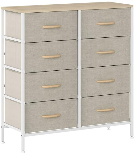HOMCOM Kommode aus Stoff, industrielle Schlafzimmerkommode mit 8 Stoffschubladen, Stahlrahmen und Holzplatte für Kinderzimmer, Wohnzimmer, Flur, Ahornholzoptik