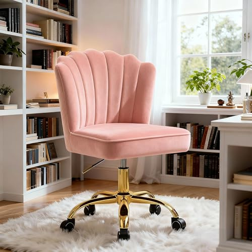 Fiximaster Homeoffice Chaise de Bureau pivotante réglable en Hauteur avec Pieds dorés en Velours pour Bureau, Chambre à Coucher, Charge maximale 135 kg, Rose
