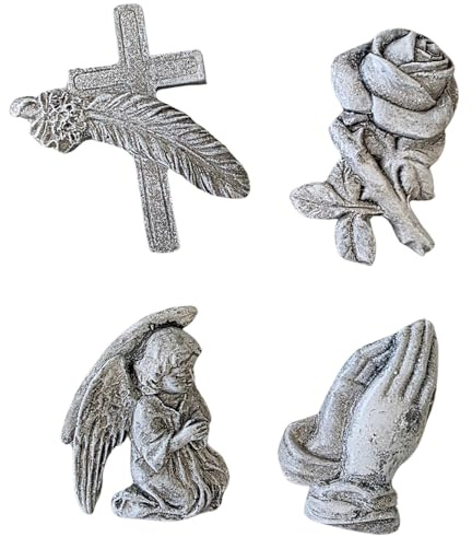 Logbuch-Verlag Juego de 4 pequeños símbolos decorativos para tumbas de polirresina, cruz, rosa, ángel, manos rezando, cada uno aprox. 5,5 cm