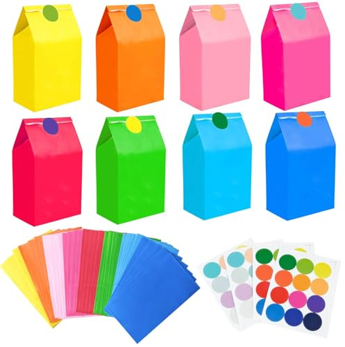 PACKRA Papiertüten Bonbon Geschenktüten mit Stickern, 40 Stück Bunte Kraftpapier Tüten zum Verpacken von Geschenken, Kindergeburtstag, Weihnachten, Osterfeiern, Hochzeit (13 cm x 8 cm x 24 cm)