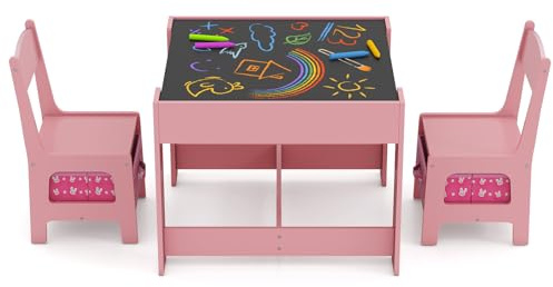 Maxmass 3PCS Kids Table and Chair Set, Wooden Toddler Play Table with Removable Double Side Tabletop, Storage Boxes, Children Activity Desk Set for Eating Drawing Reading Learning (Pink)