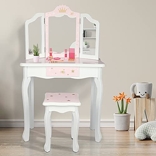 LEADZM Schminktisch Kinder mit Hocker Frisiertisch Kinderschminktisch für Mädchen Frisierkommode mit Schublade mit Zwei 180°-Klappspiegeln für 3-9 Jahren (Weiß & Rosa)