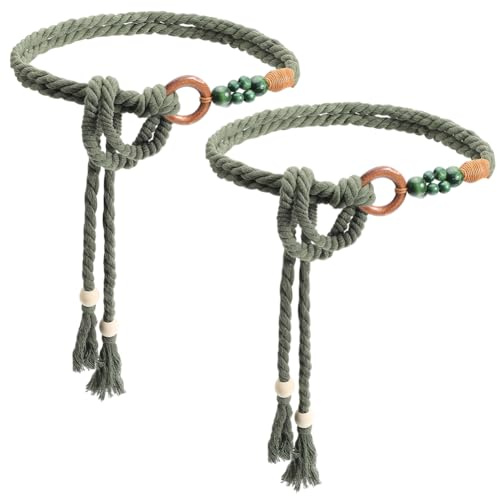 CRASPIRE 2 pz Cintura da Donna in Stile Boho con Nappa Cintura Sottile Intrecciata Cravatta in Cotone Verde Scuro Fatta A Mano Lunga Corda in macramè Catena Decorativa Annodata con Anello per Abiti