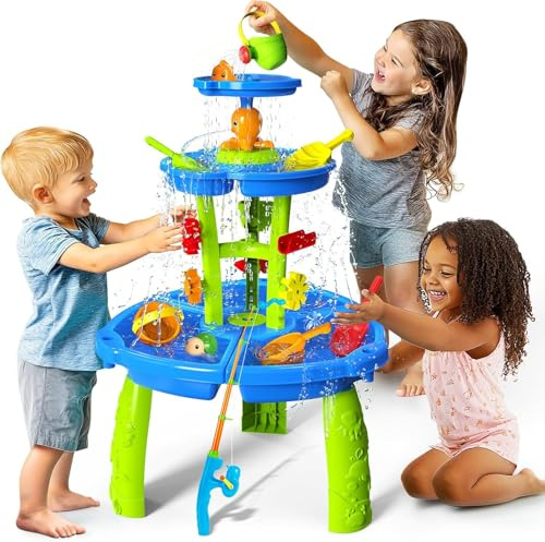 CozyBomB Tavolo da gioco d'acqua e sabbia per bambini, da esterno, a 3 piani, con ruota d'acqua, irrigatore e gioco di pesca, giocattolo d'acqua per bambini da esterno dai 3, 4, 5 anni, set completo