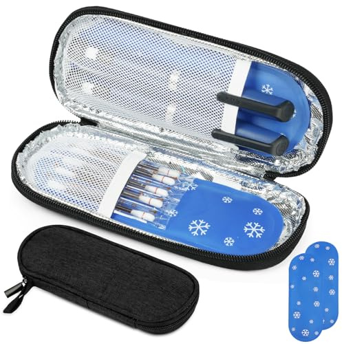 Fefod Nevera Insulina Estuche Insulina Bolsa Frio Medicamentos con 2 Bolsas Hielo Portátil Estuche Enfriadora Medicamientos Térmica para Tomar Bolígrafos de Insulina Cremallera（Negro）