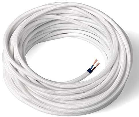 Amarcords - Câble électrique textile couleur BLANC, rond, soie, 20 mètres, à 2 brins 2x0,75 - Fil vintage en tissu coloré, pour lampes, lustres, appliques et abat-jours.