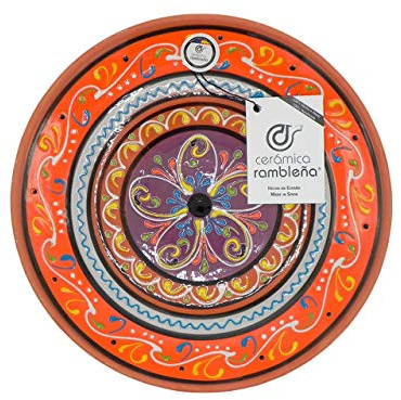 CERÁMICA RAMBLEÑA | Plato Decorativo para Colgar en Pared | Plato de cerámica | Plato decoración Mediterránea Naranja-Blanco-Violeta | 100% Hecho a Mano | 35x35x6 cm