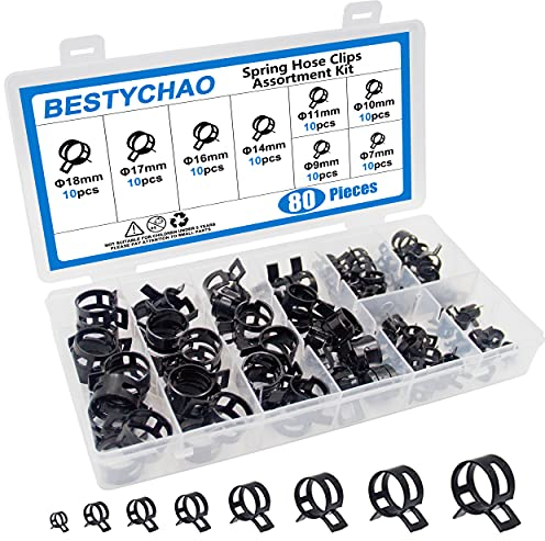 BESTYCHAO Spring Hose Clamps, 80pcs Hose Clips Assortment Kit, 8 Sizes Pipe Clips Fastener 7mm/9mm/10mm/11mm/14mm/16mm/17mm/18mm for Water Pipe, Air Tube, Silicone Vacuum Hose