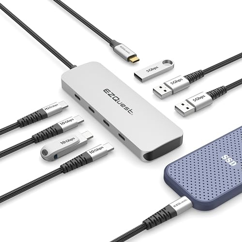 EZQuest Adaptateur hub USB-C Gen 2 7 Ports - 3 Ports USB-C 10 GBS Gen 2, 3 Ports USB 3.0 5 GBS et 1 Port USB-C Alimentation électrique 3.0 avec données 5 GBS
