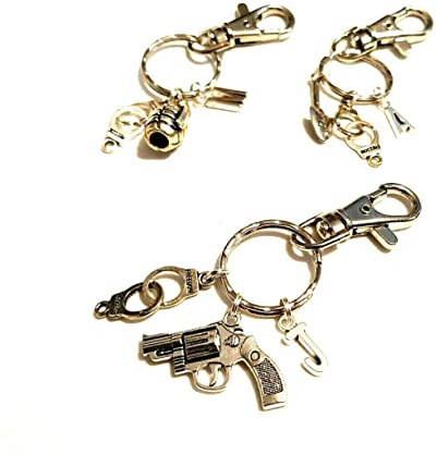 Set of 3 Personalised Best Friend's Keychains Gun, Handcuffs, Grenade, Spade, Partners in Crime, Gangsters, Mafia, Any Initials, Keyrings