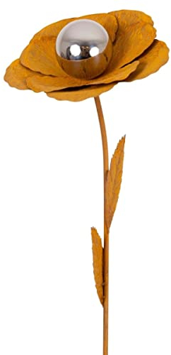 CIM Rost Gartenstecker Gartendeko - Edelrostblume Mirror Mohn L - Abmessung: 22x24x117cm - oxidierter Stahl, polierte Edelstahlkugel - inkl. 2-zackiger Bodenverankerung