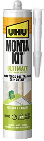 Pegamento UHU Monta Kit Adhesivo de Montaje Extrafuerte, Pegamento Fuerte Para Todo Sin Disolventes y Blanco, 440g