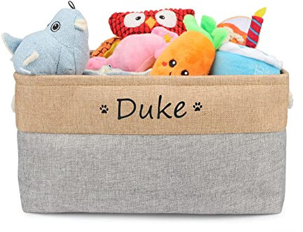 TONYFY Zusammenklappbarer Hundespielzeug-Aufbewahrungskorb mit Personalisiertem Haustiernamen und Gewebtem Seilgriff, Zum Aufbewahren von Hunde Katzen Zubehör, Haustierbedarf (Pfote-Grau)
