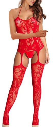 NewBull Women's Sexy Lingerie Naughty Bodystocking Fishnet Bodysuit Lace Halter Babydoll Chemise Nightwear Hollow Out Stretchy Tights Mini Dress with Suspenders Grarters