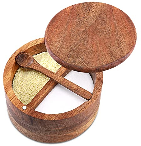 RAETTER.LY Acacia Wood Salt and Pepper Bowl, Nature Wood Salt Cellar and Spices Storage Box With Built-in Spoon and Magnetic Swivel Lid (Two Compartments 12 oz)