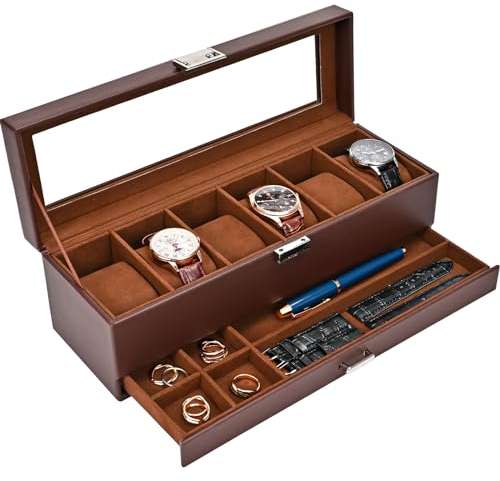 ProCase Uhrenbox mit 6 Fächern，Uhrenkasten mit Glasdeckel, 2 Ebenen, Uhrenkoffer mit herausnehmbaren Uhrenkissen, Uhrenschatulle für Schmuck, Ringe, Armbänder und Halsketten -Espresso