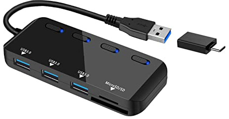 Hub USB 3.0 multi porta USB con lettore di schede SD/Micro SD, splitter USB a 3 porte per laptop, PC, Surface Pro, Mac, con adattatore USB-C