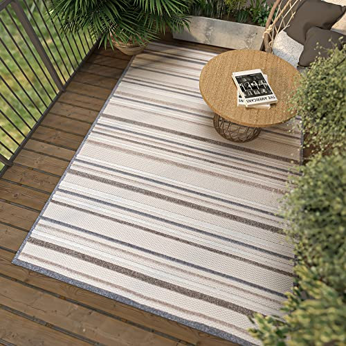 Mazovia Tappeto per Esterni e Interni - Tappeto da Esterno Impermeabile - Tappeto per Terrazza, Giardino, Balcone - Tappeto Pelo Corto - Righe - Beige 120 x 170 cm
