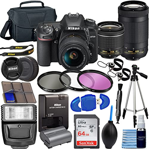 Nikon D7500 DX-Format Digital SLR w/AF-P NIKKOR 18-55mm f/3.5-5.6G VR Lens + -P 70-300mm f/4.5-6.3G ed + 64GB Memory Card, TriPod, Flash, 3pc Filter Kit, Case, More, Black