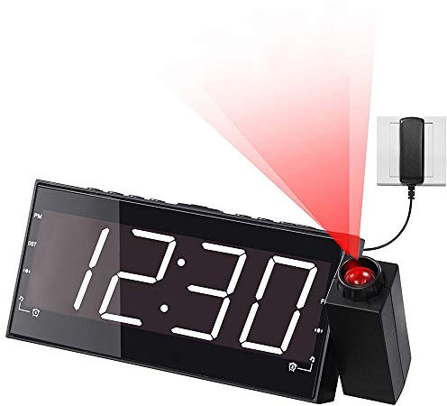 ATAAY Reloj Despertador De Proyección, Radio Despertador con Proyector Y Gran Pantalla LED, La Pantalla Se Puede Atenuar, Despertador Digital con 2 Alarmas, Función Snooze, Conexión USB,Blanco