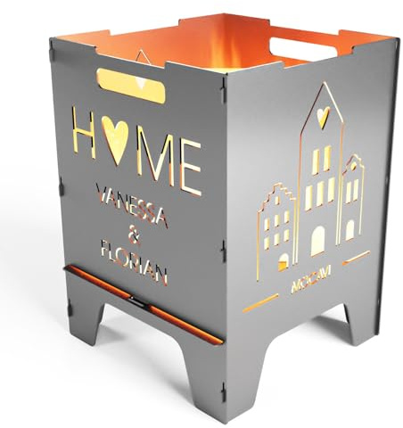 MOCAVI Edelstahl Feuerkorb Home 52 cm | 3 mm V2A personalisiert Design-Feuertonne für Garten, Terrasse und Balkon Feuerschale Feuersäule massiv sicher quadratisch Feuerstelle Outdoor faltbar hitzefest
