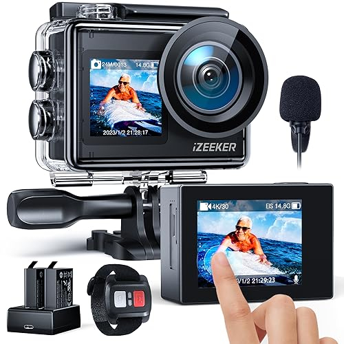 iZEEKER Action Cam 4K 24MP, Unterwasserkamera 40M Wasserdicht mit EIS,Dual-Screen-Kamera, Touchscreen, Vlog Camera, Helmkamera, WiFi, Fernsteuerung, Externes Mikrofon, 2X1350mAh Akkus, Zubehör Kit