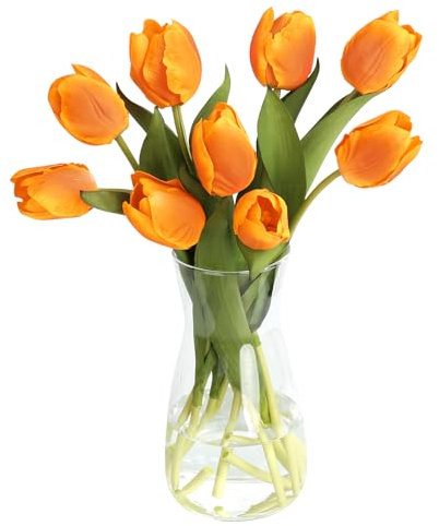 Eyamumo Vaso in vetro moderno con 20 tulipani artificiali in seta, per decorazione domestica, vaso in vetro trasparente da 20,3 cm con fiori di tulipano artificiali da 34,3 cm, per casa, cucina,