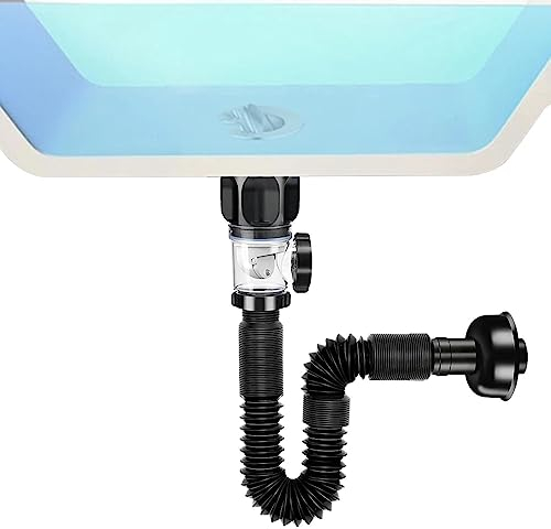 Dubbulon Tuyau D'évacuation Flexible - Siphon Lavabo Flexible | avec Tuyau De Vidange Flexible Et Bouchon D'évier À Filtre Pop-up | Kit De Tuyau D'évacuation pour Lavabo Et É ER