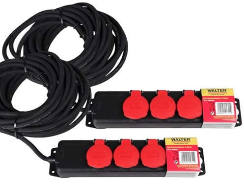 WALTER 2-TLG. 4-Fach Steckdosenleiste, 10 m, schwarz | 230 V, 16 A, Innen- und Außenbereich, spritzwassergeschützt, Verlängerungskabel