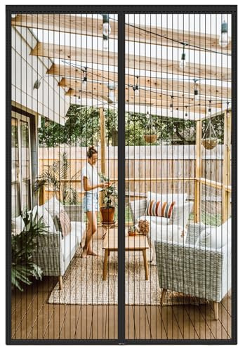 Magnetic Fly Screen Door, Patio Insect Protection Door, Bug Protection Mesh Curtain with Powerful Magnets&Full Frame Magic Paste for Balcony Living Room Children's Room, (FITS UP to 100x220CM, Black)