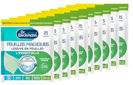 Dr. Beckmann - Feuilles Magiques Lessive L'ESSENTIELLE - Pré-dosées et Légères - 100% Hydrosoluble - 25 Feuilles Bergamote - Efficace et Pratique - Lot de 10