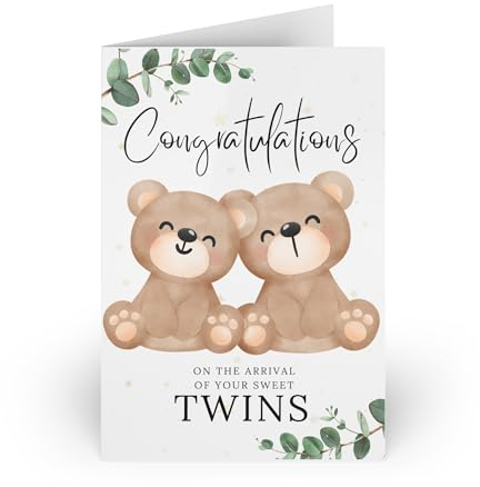 Prezzeluna New Baby Twins Card, Congratulations Twins Greeting Card, Newborn Twin Babies Gift, Twin Birth Announcement Card