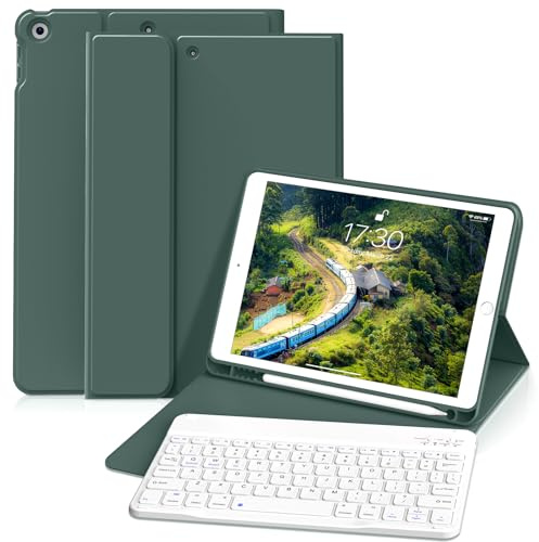 zoyu Tastatur Hülle für iPad 9. / 8. / 7. Generation 10,2 Zoll, Nachtgrün | Magnetisch Abnehmbarer Bluetooth-Tastatur mit Weiche TPU Rückseite Schutzhülle für iPad 9/8/7, QWERTZ Layout, Auto Wake/Sleep