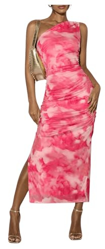 SweatyRocks Damen Kleid Elegant Rüschen Kleid mit Schlitz One Shoulder Kleider Urlaubskleid Ärmellos Freizeitkleid Heißes Pink S