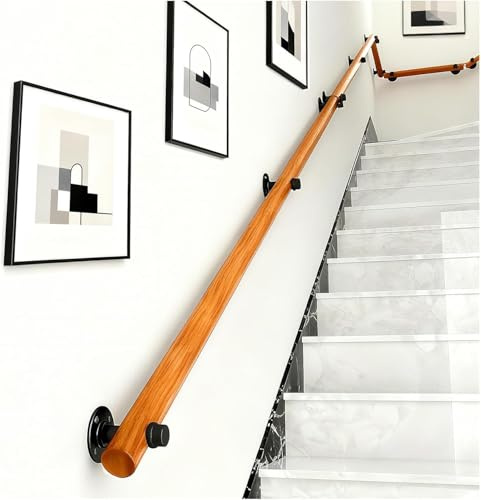 Wooden Handrail for Stairs – Anti-Slip Wall Mounted Safety Stair Railing with Brackets, Adjustable Indoor/Outdoor Banister Rail for Elderly & Children (A, 200CM)