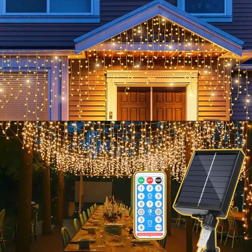 Fiqops Solar Eisregen Lichterkette Außen 5m Warmweiß 198 leds Solarlichterkette mit batterie & fernbedienung lichterketten aussen für Party Garten Weihnachten Hochzeit Beleuchtung Deko