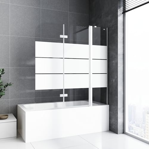 Duschwand für Badewanne 160 x 140 cm mit Stabilisator und Festteil,2-teilig Faltbar Duschtrennwand Duschabtrennung mit Eleganten weißen Streifen,Mit 6mm Nano Glas,Silberner