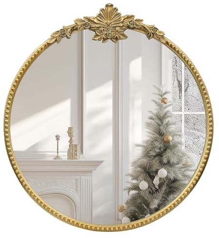 IPOUF Runder Goldener Spiegel, 71,1 cm, Barock-Stil, Vintage, dekorativer Wandspiegel für Wohnzimmer, Schlafzimmer, Badezimmer und Eingangsbereich, Antikgold