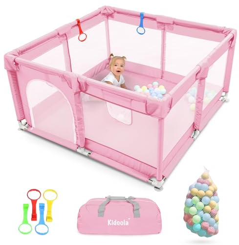 Kidoola Baby Playpen with Padded Frame & Mesh Walls, Balls & Pull Rings Included, for Indoor & Outdoor Use, Toddler Fence - Breathable Mesh, Extra Large Play Yard for Babies (127x127x65cm) (Pink)
