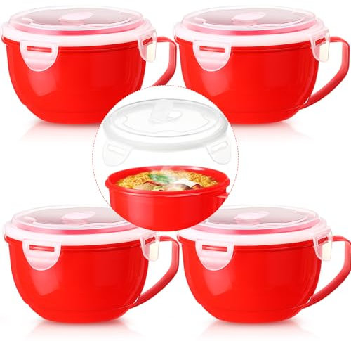 Maxdot 4 Pack Microwavable Bowls with Lid Microwave Soup Bowl with Handles Plastic Microwavable Noodles Soup Ramen Container Lunch Cooking Dishes for Dorm Small Kitchen Office