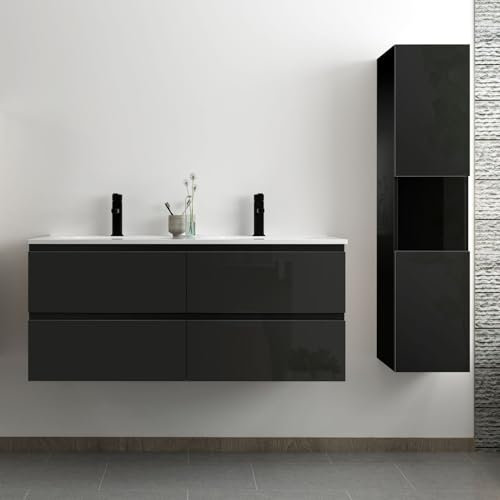 Acezanble Ensemble Meuble Salle de Bain 120 cm Noir Brillant avec 4 tiroirs à Fermeture Automatique, Double lavabo céramique + Colonne Haute, Suspendu