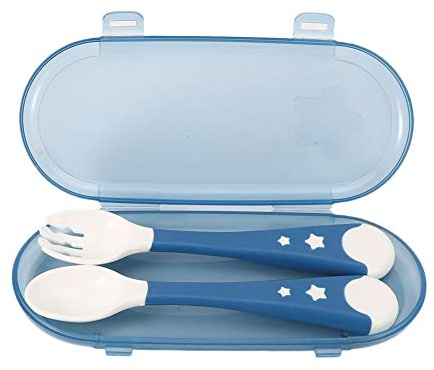 2Pcs Baby Utensils Spoon Fork, Portable Infant Feeding Food Nonslip Fork, Cutlery Sets Tableware Set Ing Non‑Slip with Travel Case for Weaning and Learning to Use Blue (Blue)