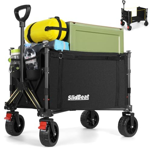SLIDBEAT - Carrello Pieghevole 3 in 1, Carrello da Campeggio Portatile 100kg, Carrellino Spiaggia Ruote Grandi con Maniglia Regolabile