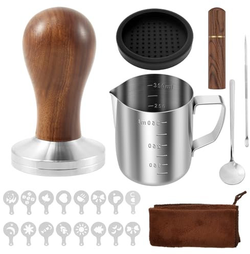 harupink Lot de 23 tampons à café Barista 51 mm en acier inoxydable - Contient un tamper à café amovible, un support, un pot à lait de 350 ml, 16 x moisissures, un outil WDT, une cuillère, une