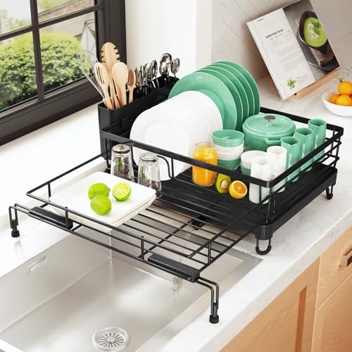 Kitsure Ausziehbares Geschirrabtropfgestell – Rostfreies Abtropfgestell mit Einstellbaren Stützfüßen, Besteckhalter & Abnehmbarem Tablett, 39,5-64,0 cm x 42,5 cm x 20,5 cm, Schwarz