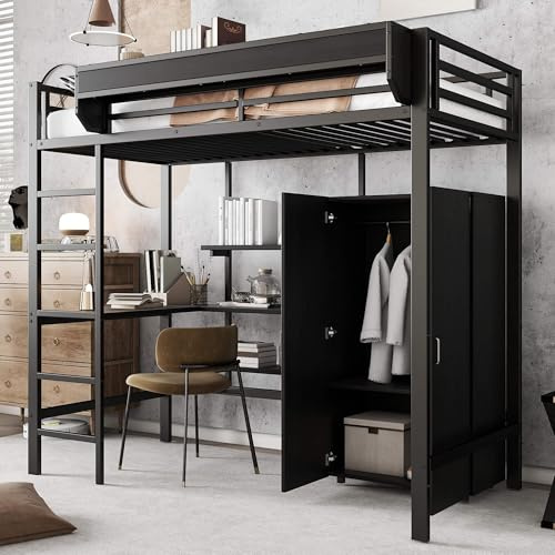 HYUB Hochbett Metallbett 90x200 cm mit Kleiderschrank und Schreibtisch, Etagenbett Jugendbett mit Regal und Rausfallschutz, Bettgestell mit Stauraum und Rausfallschutz, Schwarz